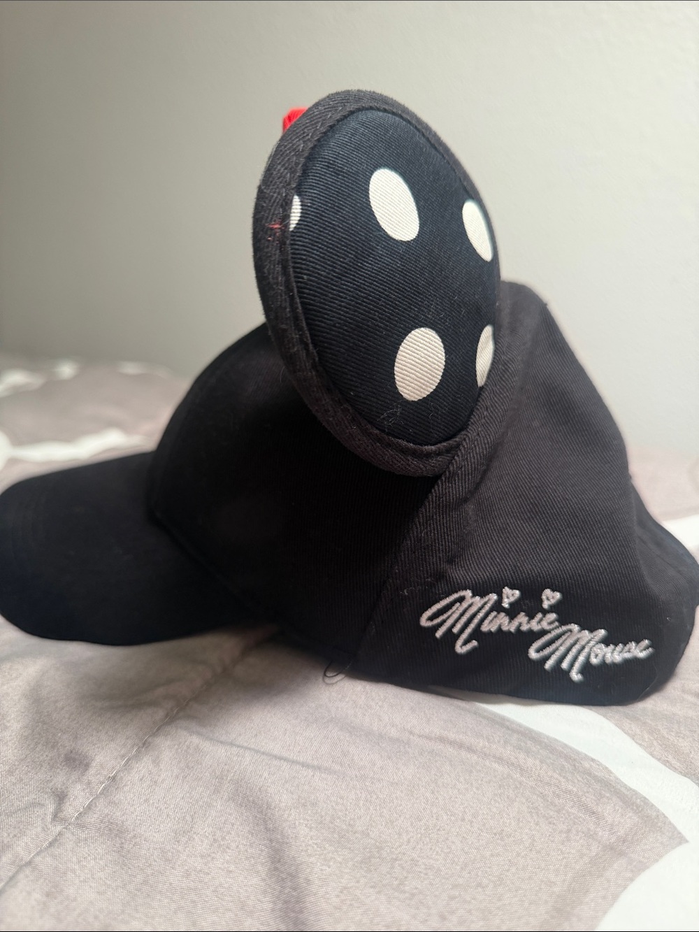Disney Parks Minnie Mouse Hat Black Polka Dot Ear Red Bow Baseball Cap Adult - Picture 3 of 5